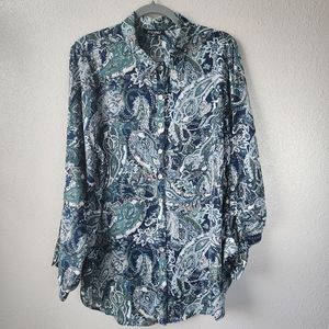 ROZ & ALI Green Multi Color Paisley Button-down Blouse Roll Tab Sleeve